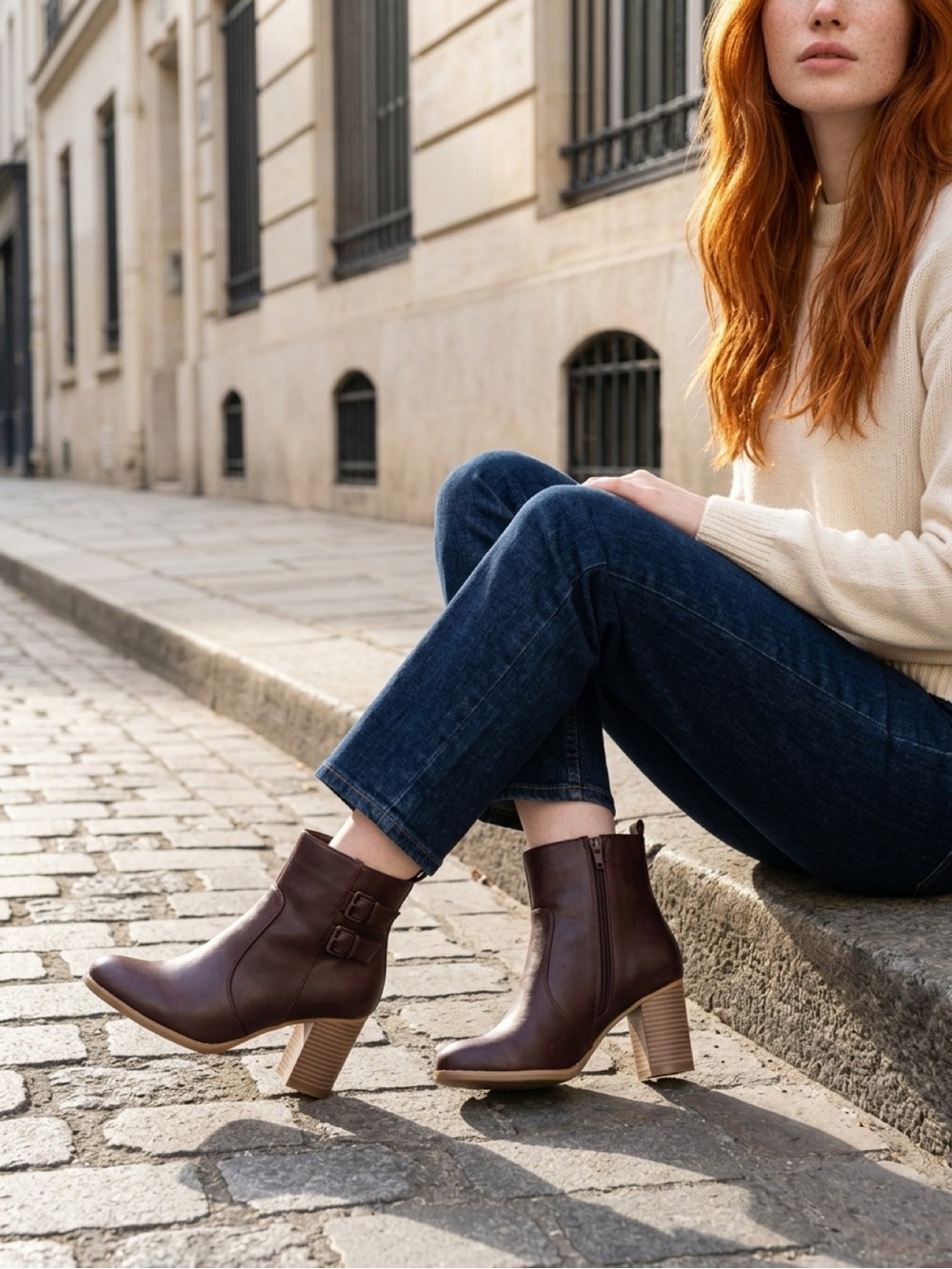 Journee Collection Brown Leather Block Heel Ankle Boots